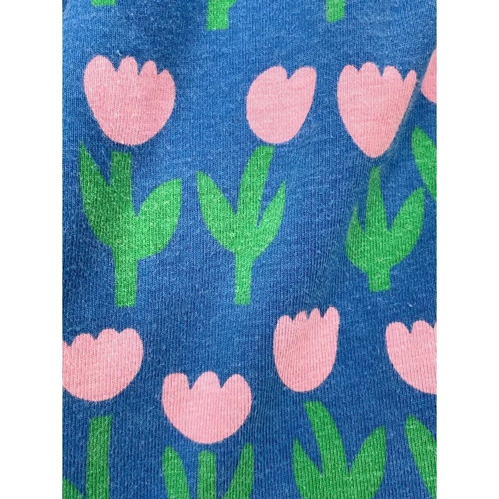 Hanna Andersson 120 us 6-7 Blue Skater Dress Pink Tulips Flowers Short Sleeves